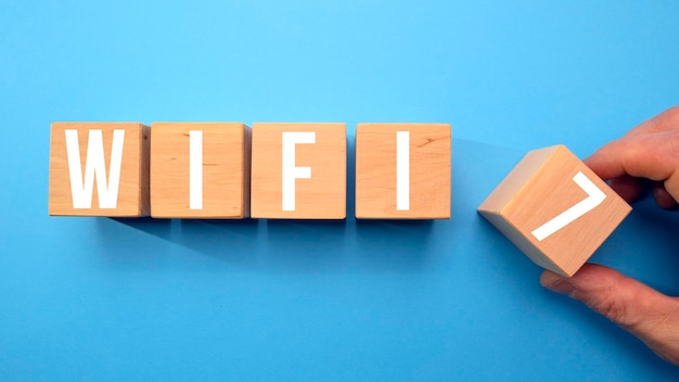 WiFi 7 シンボル木製キューブのコンセプト ワード WiFi 7 青い背景コピー スペース ビジネス技術と WiFi 7 または WiFi7 の概念