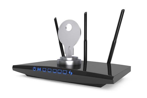 Wifi-beveiligingsconcept. 3D-moderne wifi-router op een witte achtergrond