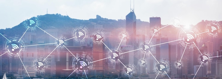 Photo wifi 도시 통신 기술 빠른 인터넷 연결 5g 무선 개념 아이콘이 있는 현대적인 도시 보기