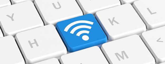 Концепция Wi-Fi Синяя ключевая кнопка со знаком Wi-Fi на баннере клавиатуры компьютера 3d иллюстрация