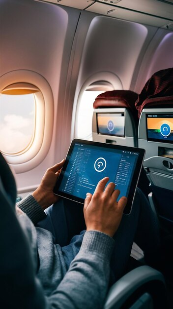 wifi internet access in airplane during flight passenger using tablet computer to connect to wirel