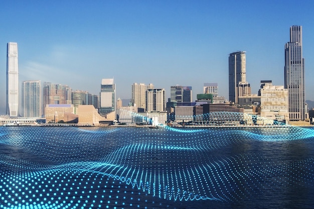 Photo wifi iot and smart city concept with abstract digital dotted waves cover river on sunlit city skyline background