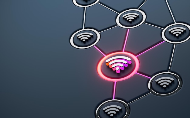 Foto wifi insegna al neon incandescente social networking iconico sfondo metallico scuro 3d rendering