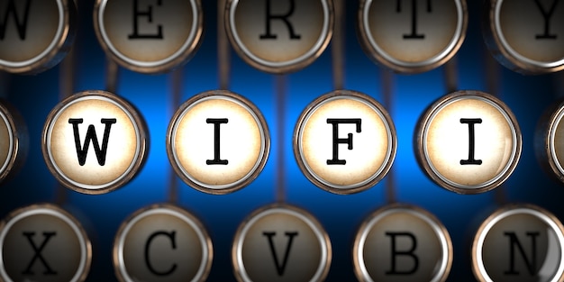 WiFi on Old Typewriter's Keys on Blue Background.