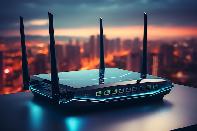 Wifi router on the table with city background 3d rendering