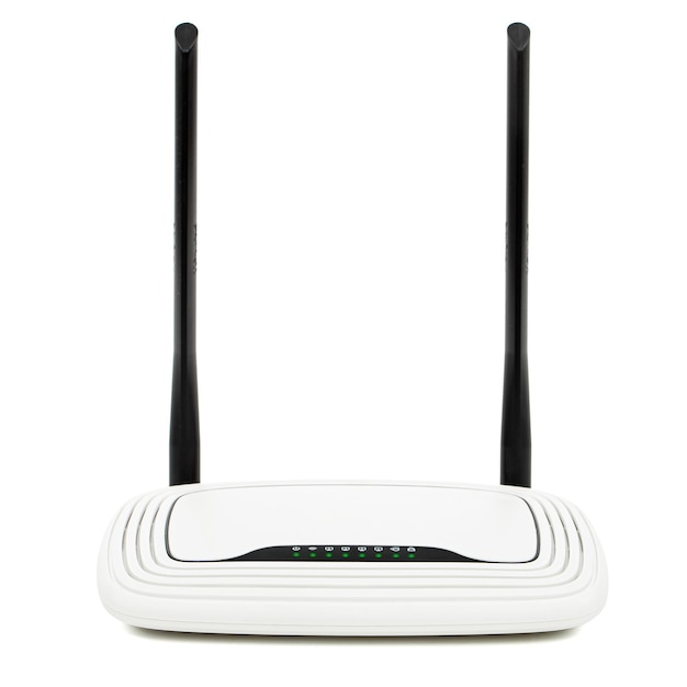 Foto router wireless wifi con indicatori luminosi funzionanti tecnologia di dati wireless isolata su sfondo bianco