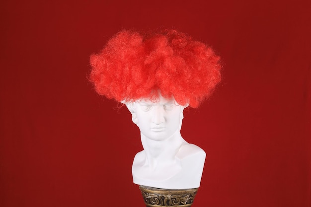 wig on a white plaster head sculpture