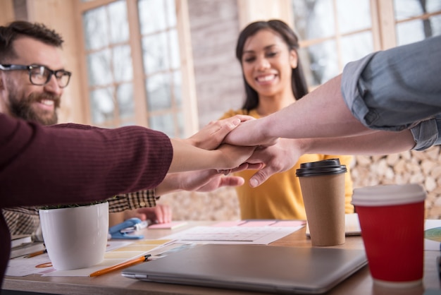 Wij zijn samen. Handen van leuke vrolijke positieve mensen die bij elkaar worden gebracht terwijl ze hun eenheid tonen