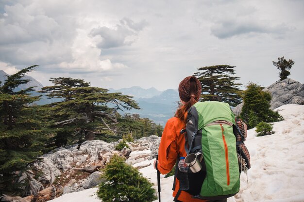 Wijfje die backpacker op landschap in de bergen letten