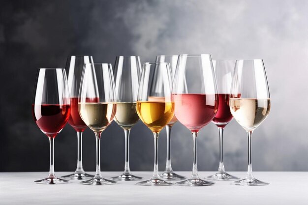 Wijn assortiment rode witte rozewijn in glazen en flessen op grijze tafel achtergrond wijnbar winkel