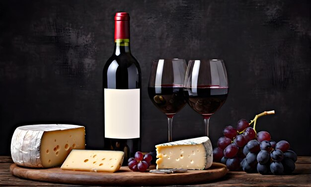 Wijn druiven kaas en een fles rode ijdelheid op een houten tafel Conceptuele voedselfoto Generatieve AI