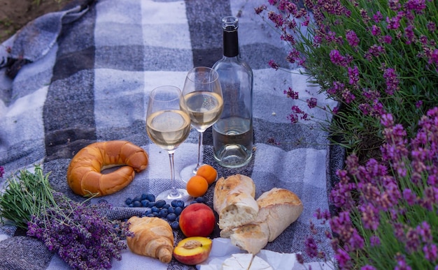 Wijn fruit bessen kaas glazen picknick in lavendelveld Selectieve focus