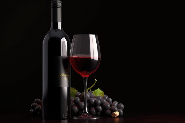 Wijnfles en glas rode wijn met druiven