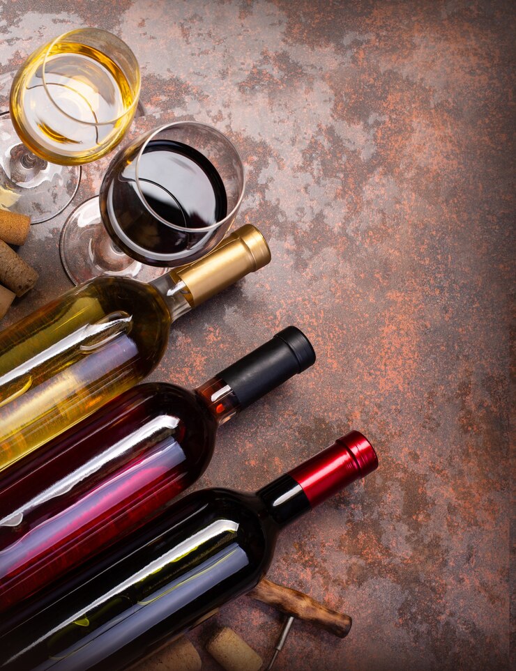 Wijnflessen en glas op tafel met kopieerruimte, achtergrond