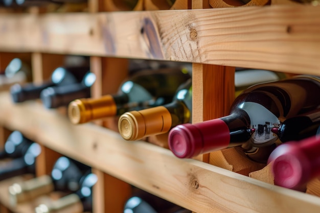 Foto wijnflessen gestapeld op houten rekken in de kelder