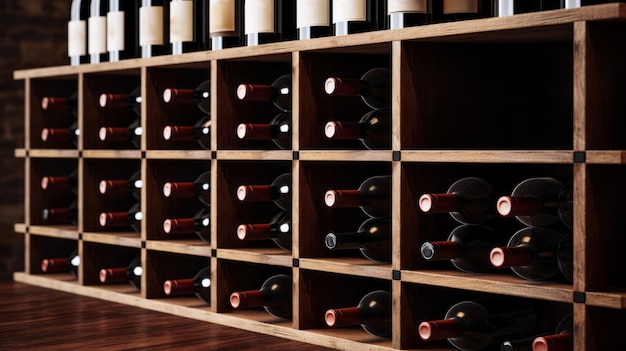 Foto wijnflessen gestapeld op houten rekken wijn stapel op plank