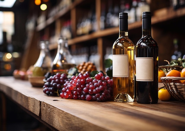 Wijnflessen op een grote houten tafel in een wijnmakerij vintage shopAI Generative