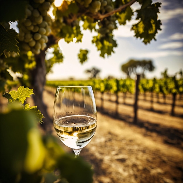 Foto wijngaard met rijen wijnstokken en een glas wijn generatieve ai