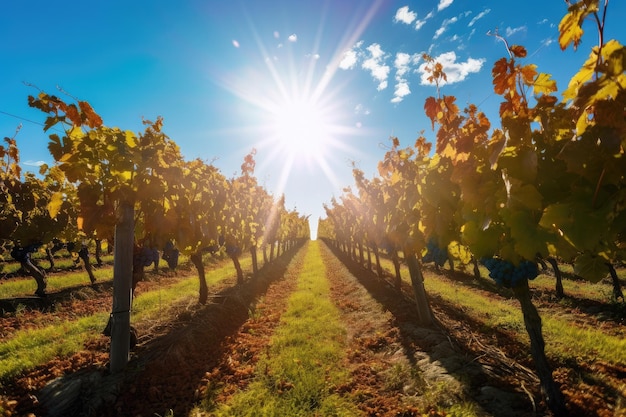 Wijngaard met rijen wijnstokken omringd door herfstzon en blauwe lucht