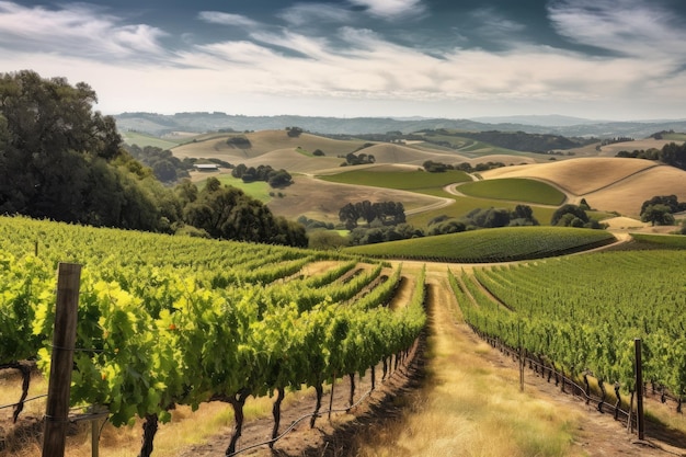 Wijngaard omgeven door glooiende heuvels in de verte gecreëerd met generatieve AI