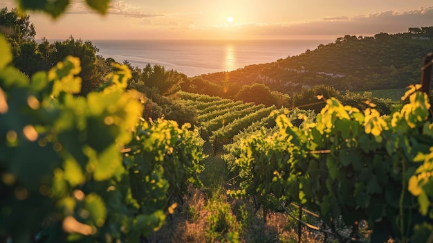 Wijngaarden op de hellingen van de Middellandse Zee kust stralen van de ondergaande zon schijnen in de camera