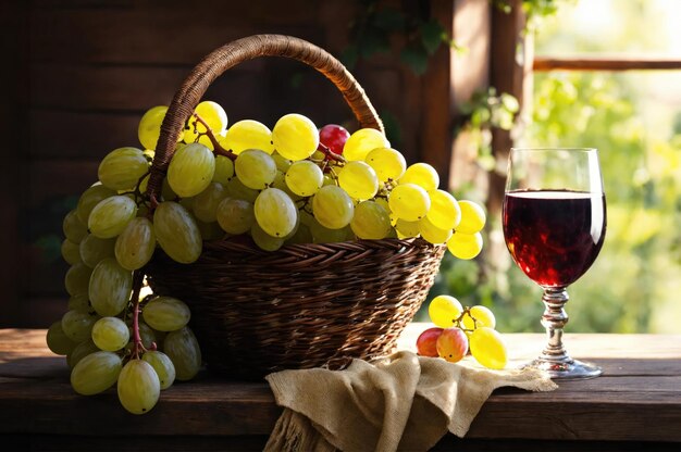 Wijnglas en verse druiven op houten tafel