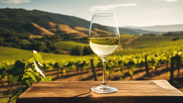 Wijnglas met gietende witte wijn en wijngaardlandschap op een zonnige dag