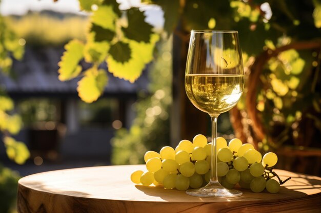 Wijnglas met uitzicht op de wijngaard bij zonsondergang Foto behang Generatieve AI