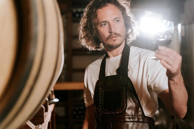 Wijnmaker die wijn proeft in een kelder met houten vaten