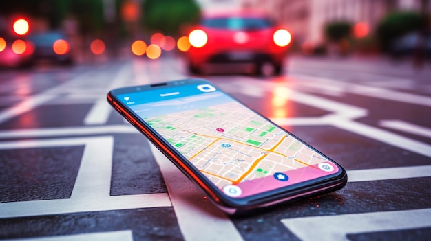 Wijs op smartphone met gps-navigatorpictogram en kaart op onscherpte verkeersweg abstracte achtergrond Generatieve AI