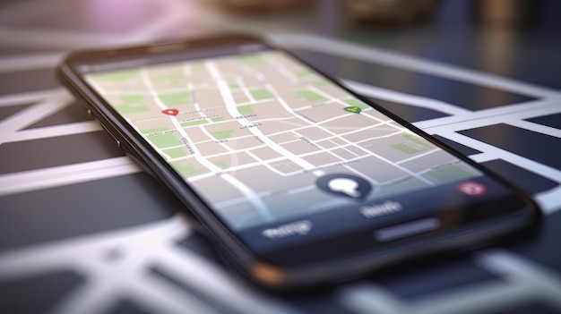 Wijs op smartphone met gps-navigatorpictogram en kaart op onscherpte verkeersweg Generatieve ai
