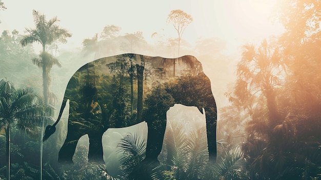 Wijs silhouet van een olifant in een weelderig tropisch regenwoud Dubbele belichting
