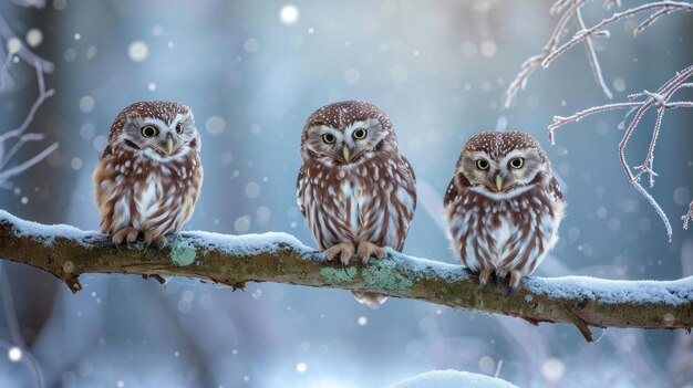 Wijsheid fluisteren Een trio van raadselachtige uilen zit majestueus op een ijzige tak