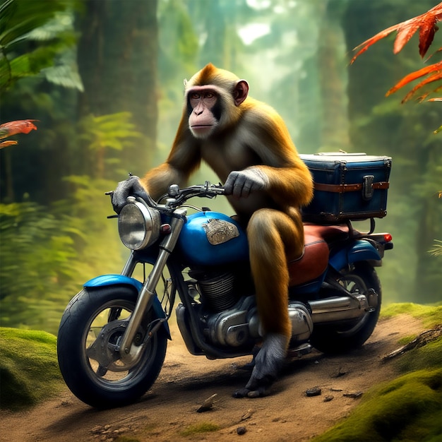 Wild Adventure Ride Mighty Monkey Roaming the Forest on a Motorcycle