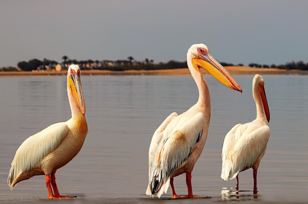 野生のアフリカの鳥晴れた日に、いくつかの大きなピンクのペリカンのグループがラグーンに立っています