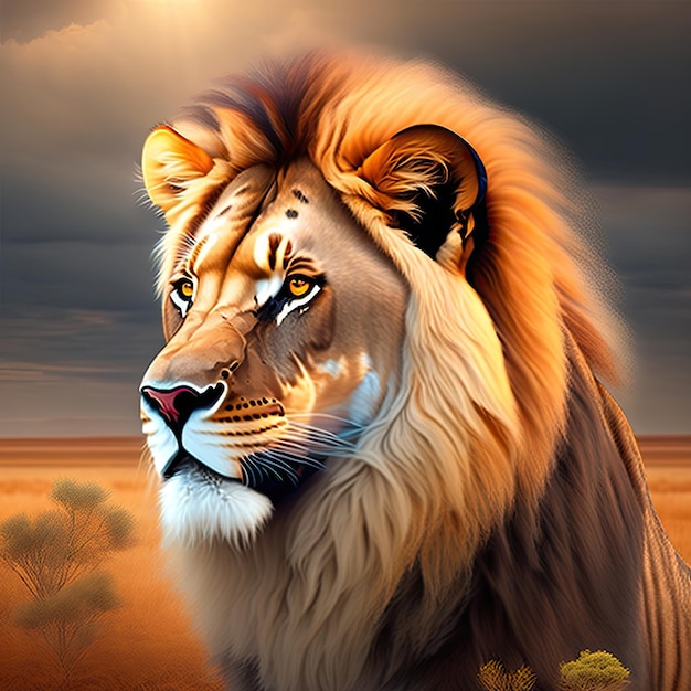 Wild African lion in the savanna Digital art