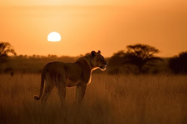 Wild animal silhouette at sunset generative ai