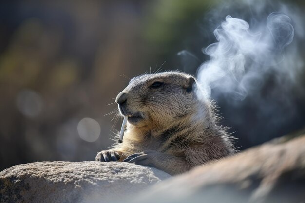 Wild animal smoking joint while sunning itself on rock created with generative ai