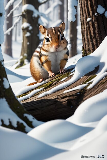 冬の雪に覆われた森の木の穴で食べ物を探す野生動物のリスのHD写真