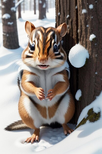 Wild animal squirrel looking for food in tree hole in snowy forest in winter hd photography