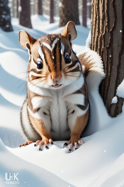 冬の雪に覆われた森の木の穴で食べ物を探す野生動物のリスのHD写真