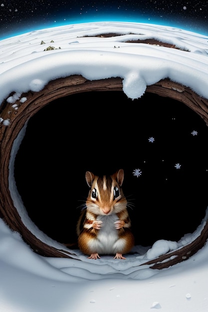 Wild animal squirrel looking for food in tree hole in snowy forest in winter HD photography