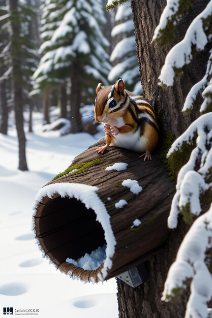 Wild animal squirrel looking for food in tree hole in snowy forest in winter HD photography