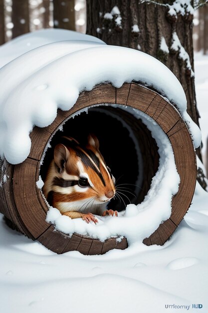 冬の雪に覆われた森の木の穴で食べ物を探す野生動物のリスのHD写真