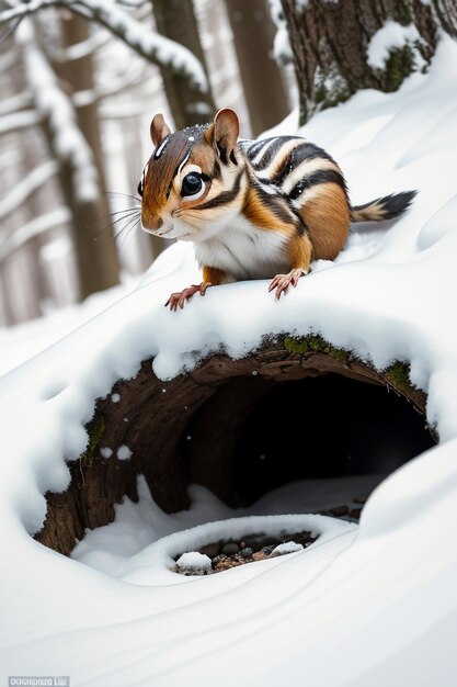 Wild animal squirrel looking for food in tree hole in snowy forest in winter HD photography