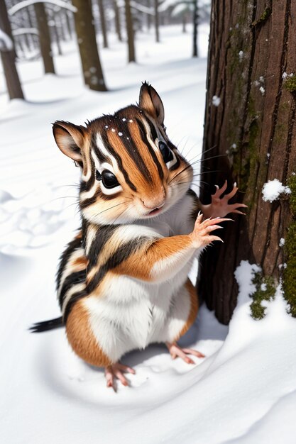 Wild animal squirrel looking for food in tree hole in snowy forest in winter HD photography