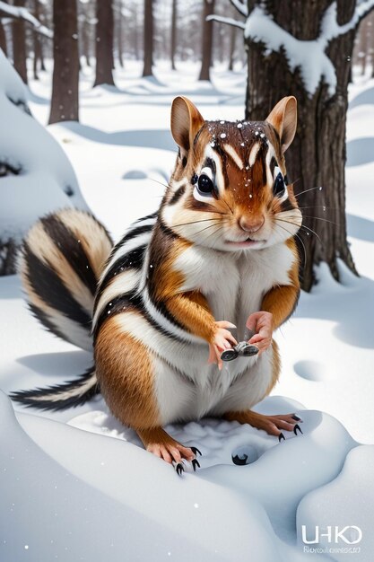겨울 HD 사진에 눈 덮인 숲의 나무 구멍에서 먹이를 찾는 야생 동물 다람쥐