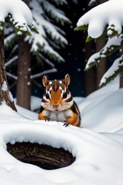 Foto scoiattolo animale selvatico in cerca di cibo nel buco dell'albero nella foresta innevata nella fotografia hd invernale