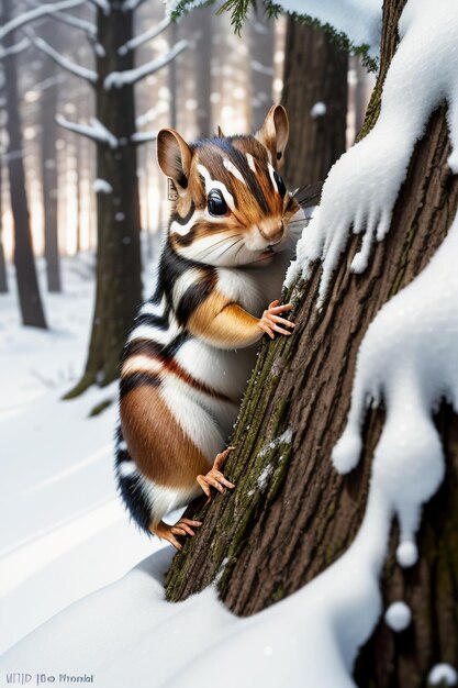 Photo wild animal squirrel looking for food in tree hole in snowy forest in winter hd photography