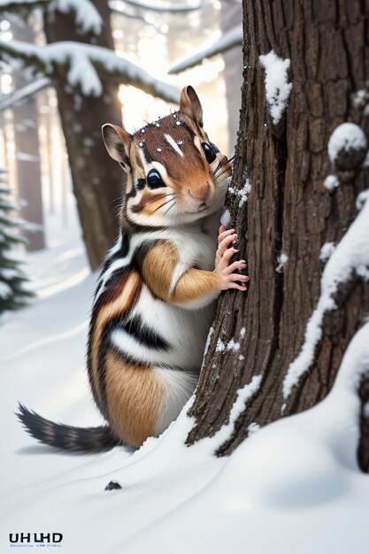 Photo wild animal squirrel looking for food in tree hole in snowy forest in winter hd photography